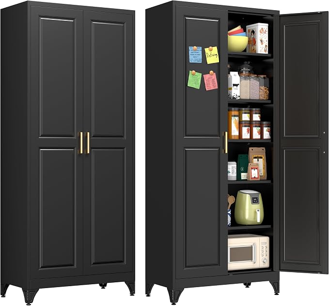 Polup 75" Pantry Cabinet, Tall Metal Storage Cabinet with Doors and Shelves | Black Kitchen Cabinet, 5 Adjustable Shelving, Heavy-Duty Steel, Gold Handles, 4 Standing Feet, for Garage Office & Laundry