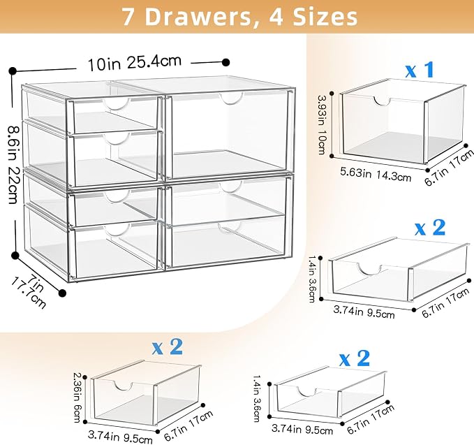 Stackable Storage Drawers, Acrylic Organizers,7 Drawers | Makeup Organizer, Bathroom Organizers and Storage, Plastic Bins for For Vanity, Undersink, Pantry