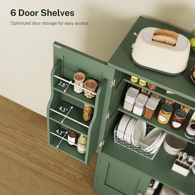 43" H Storage Cabinet with 4 Doors, Kitchen Cabinet with 6 Door Shelves, Kitchen Pantry Cabinets for Living Room, Dining Room, Bathroom, Forest Green