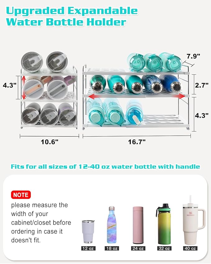 Cirhy 3-Tier Expandable Water Bottle Organizer Holder for 12-40oz Tumblers | Adjustable Cup Organizer Rack for Stanley, Owala and Yeti Oragnizer, Kitchen Cabinets and Pantry Organization