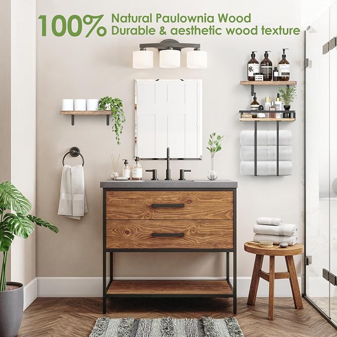 Towel Racks for Bathroom-Wall Mounted Floating Shelves for Wall Bathroom Bedroom Kitchen Living Room, Hanging Book Shelves Decor Bathroom Organizer, 16 inch Solid Wood, Carbonized Wood Color