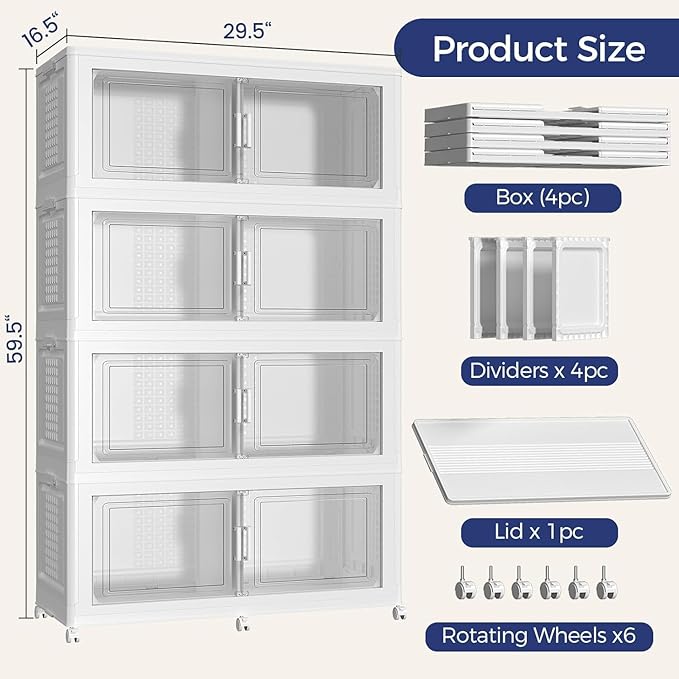 160GAL Extra Large Storage Bins with Lid, 640Qt Stackable Closet Organizers and Drawers, Collapsible Storage Bins with Wheels, Folding Containers for Home, Kitchen Office, 4Pack White