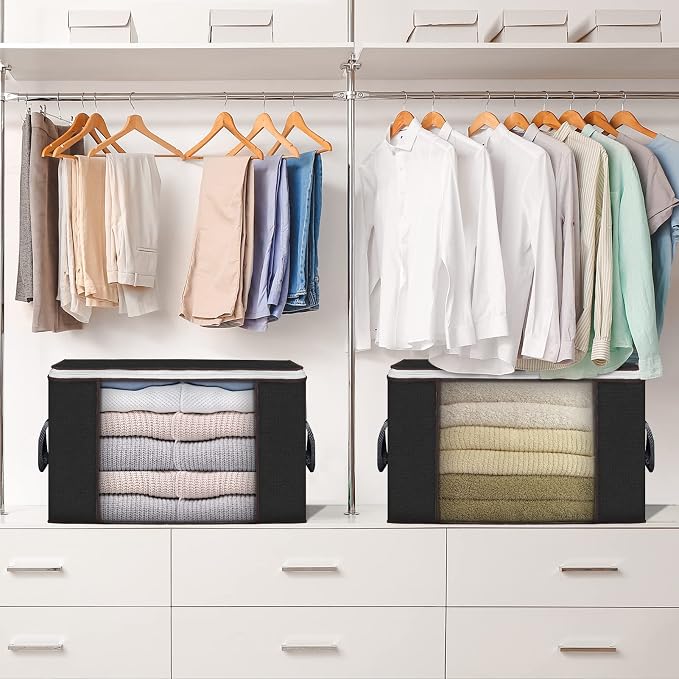 90L Large Storage Bags, 3 Pack Clothes Storage Bins Closet Organizers | Foldable Storage Containers, with Reinforced Handle, for Clothing, Blanket, Comforters, Bed Sheets, Pillows and Toys,Black