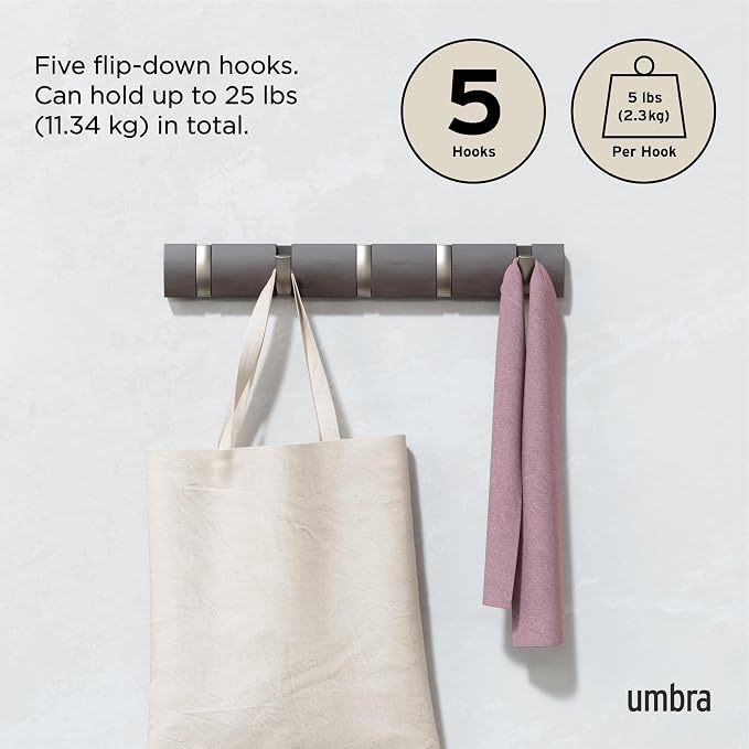 Umbra Flip Coat Rack, Wall Mounted 5-Hook Space Saving, Driftwood/Nickel | Real wood and steel build, retractable hooks fold flat, holds coats bags and scarves, easy install