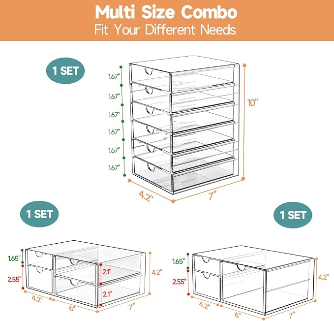 DOMNIU Acrylic Makeup Drawer Storage Organizer with 13 Drawers, 3 Set | Office Desk Organization and Storage, Dustproof Drawer Organizer for Makeup, Countertop, Jewelry, Desktop, Bathroom, Bedroom
