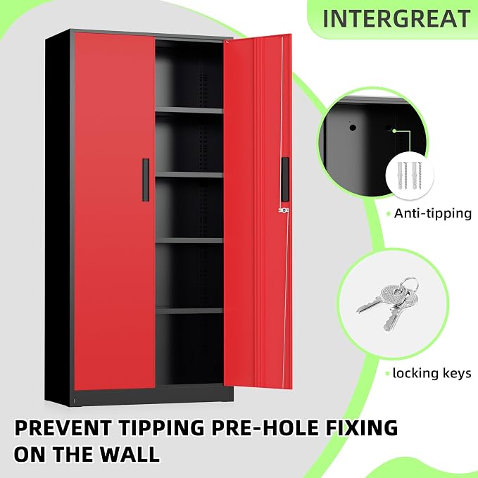 INTERGREAT Metal Storage Cabinet, 72" Locking Steel Cabinets with 2 Door and 4 Adjustable Shelves, Tall Metal Cabinet for Home Office, Garage, Warehouse, Black Red