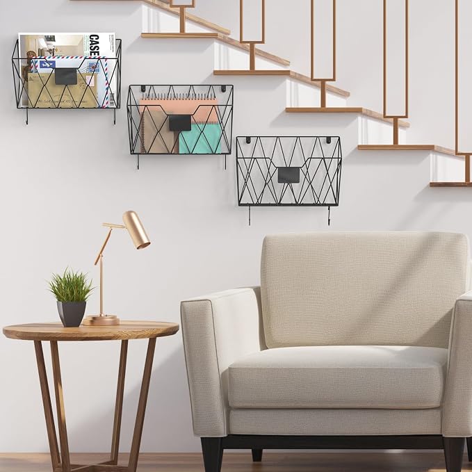 YBING Wall File Organizer Mesh Hanging Wall-mount Files Holder 6 Pack Hanging Wire Magazine Rack and Mail Holder with Hooks Office Wall Organizer for Papers Folders Files Clipboard Black