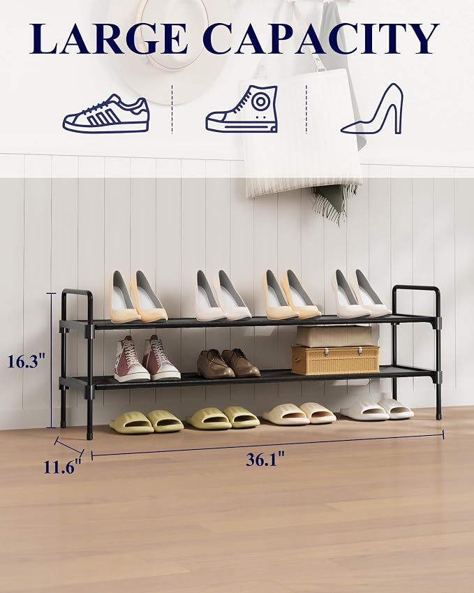 Kitsure Long Shoe Rack for Closet, 36.1" Wide - 2 Tiers, Black | Shoe Organizer for Front Door Entrance, Stackable Shoe Shelf, Closet Organizers and Storage