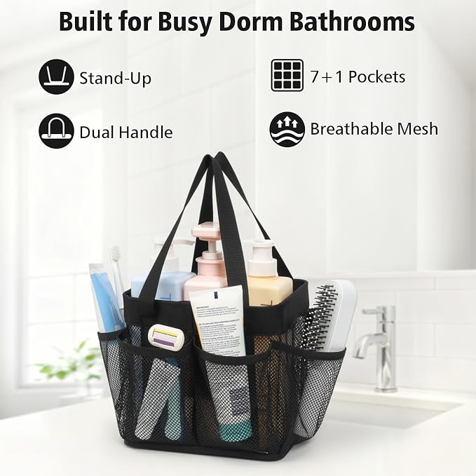 F-color Mesh Shower Caddy Portable - Stand Up 8 Pockets for Dorm, Black | Stand Up Frame, S Hook, Collapsible Organizer, Mesh Shower Bag Bathroom Tote for College Dorm, Camping, Gym, Travel