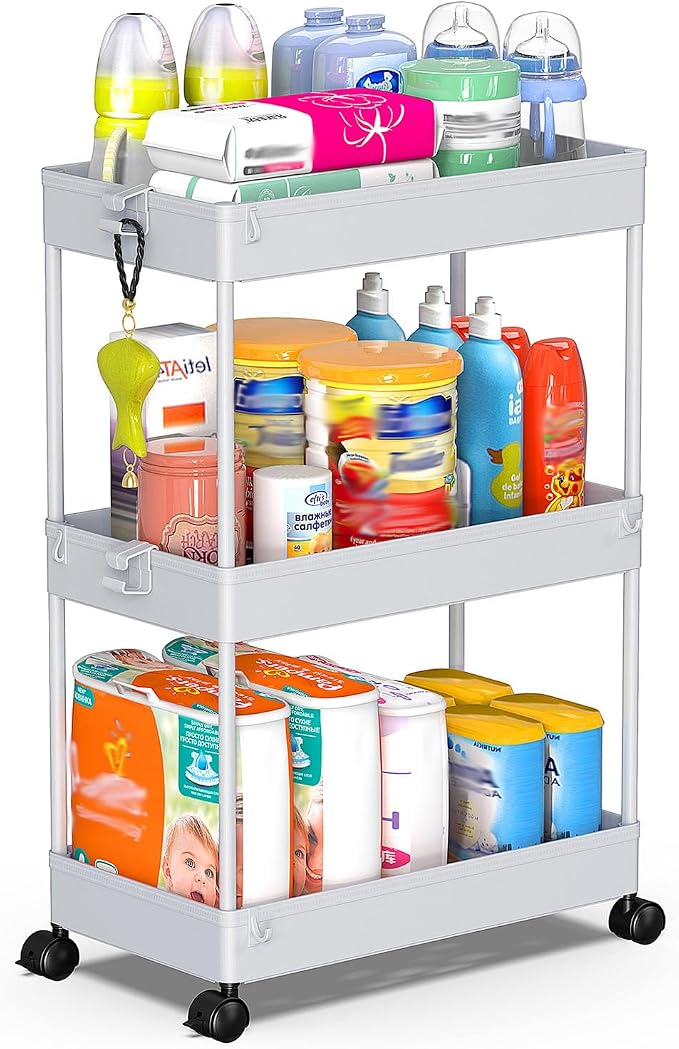 SPACEKEEPER 3 Tier Rolling Cart, Bathroom Cart Organizer with Wheels, Gray | Mobile Storage Cart for Laundry Room Organization,Kitchen,Office,Bathroom, Utility Cart for Snack,Craft,Art,Makeup,Nail,Toys