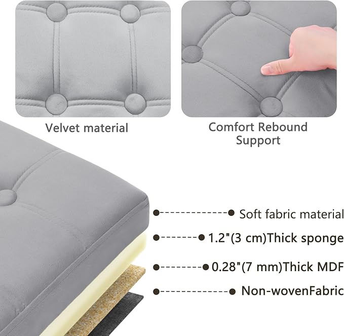 AmasSmile Footrest Ottoman Storage Bench, 34" Velvet Folding Stool, Grey | Large Ottoman with Storage, Thicker Foam Padded Seat, Livingroom, Dorm, Bedroom, Entryway, Easy to install, 34 x 13 x 13in