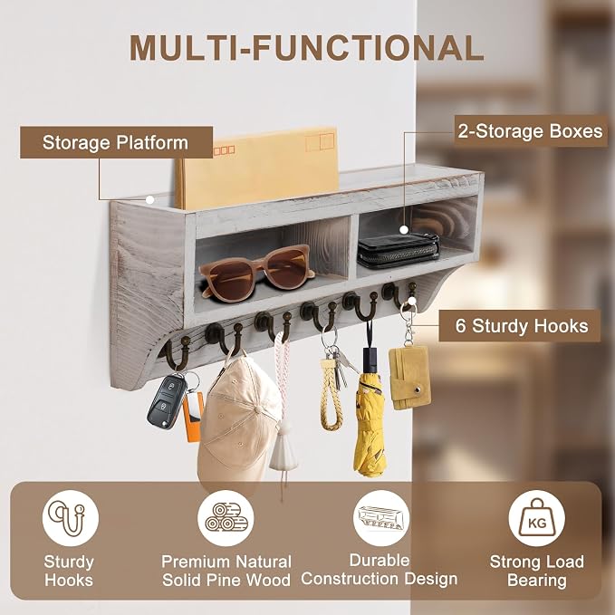 Key Holder Wall Mount with Mail Organizer, 6 Hooks & Shelf, White | Wood Key Holder Wall Mount with 6 Key Hooks, Shelf & Storage Box and Mail Organizer for Entryway, Apartment, Home and Office