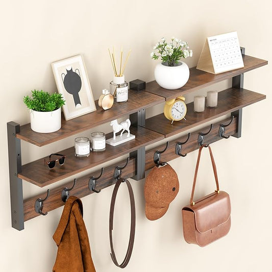 2 Tier Coat Rack Wall Mount with Shelf, 33" Wall Shelf with Hooks, Entryway Key Holder for Wall with 8 Heavy Duty Double Hooks, Coat Hook Wall Mounted for Bedroom, Living Room, Rustic Brown