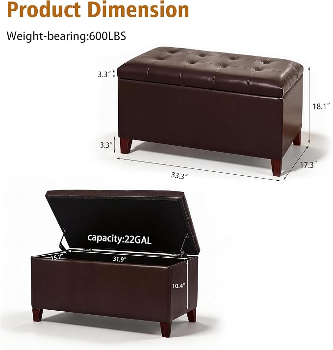 Joveco Storage Ottoman Bench, 33 Inches Faux Leather Rectangle Tufted Foot Stool for End Foot of Bed, Bedroom, Living Room, Brown