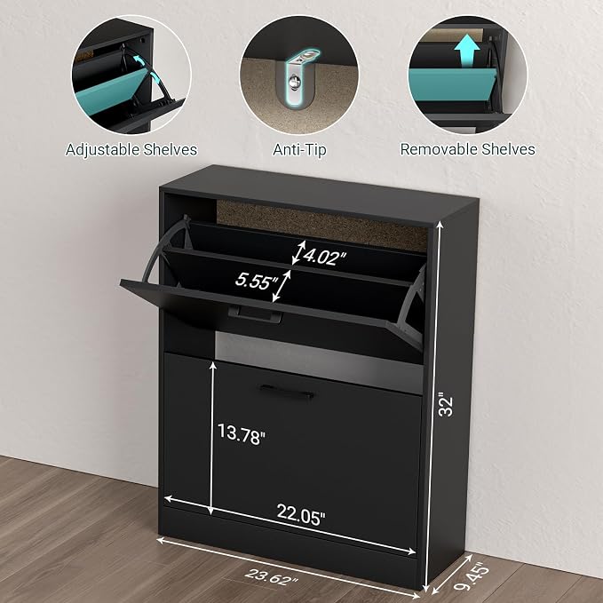 Shoe Cabinet with 2 Flip Drawers, Narrow Freestanding Shoe Organizer for Entryway, Hallway, Living Room, Black