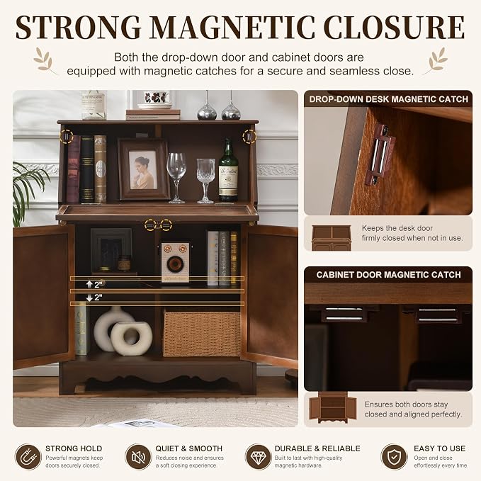 Ahokua Vintage Storage Cabinet with Flip Down Desk, Wood Accent Cabinet with Adjustable Shelf and Hidden Workspace, Entryway Cabinet with Doors for Living Room, Home Office, Walnut