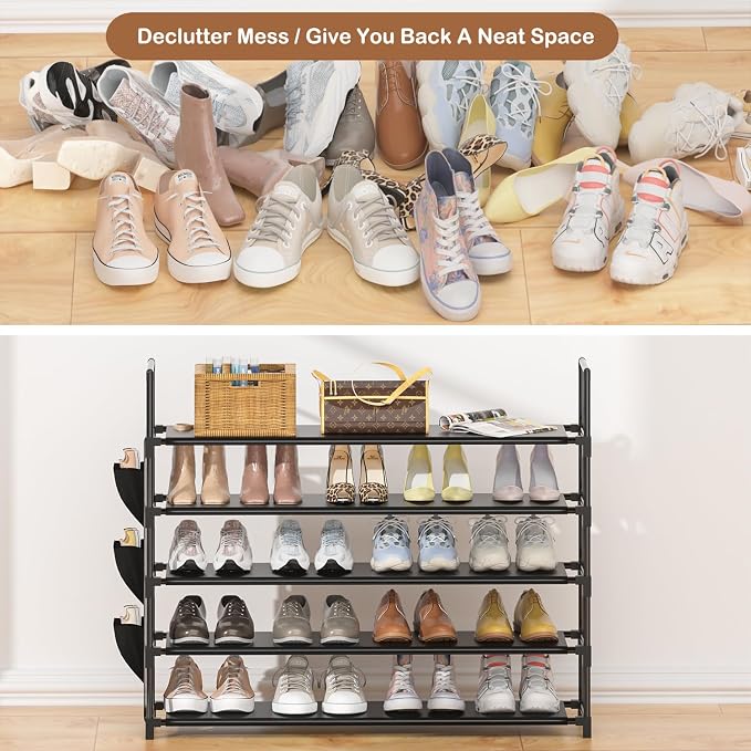 OYREL Shoe Rack 5 Tier 20-25 Storage Capacity Shoes Organizer | Closet, Entryway, Garage, Door Entrance, Space Saving Shoes Holder Stand, Sturdy Metal Free Standing Boot Shelf Tower Black