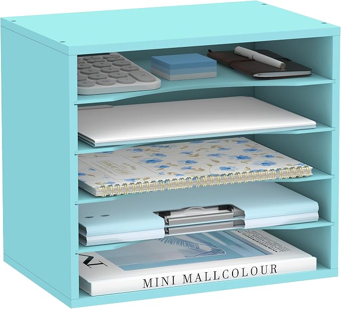 5 Tier Wood Desk Organizer, Mail Sorter and Paper Organizer for Desk, Blue | Wooden Desktop Organizer for Sorting Papers, Letters and Mails, Literature Organizer for Home Office, Classroom Organization