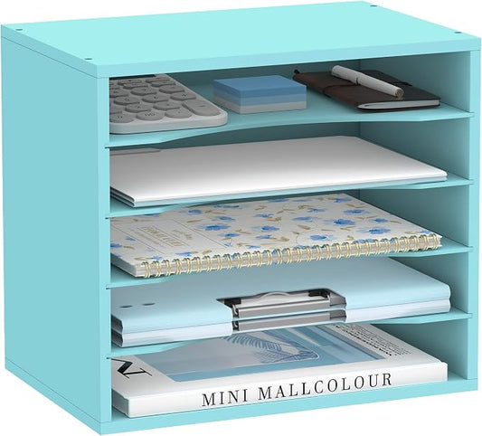 5 Tier Wood Desk Organizer, Mail Sorter and Paper Organizer for Desk, Blue | Wooden Desktop Organizer for Sorting Papers, Letters and Mails, Literature Organizer for Home Office, Classroom Organization
