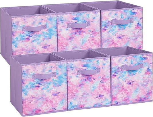 Stero Fabric Storage Cubes, 6 Pack Foldable Storage Bins with Handle, 11 Inch Box for Shelves, Closet, Organizer, Tie-dye Purple