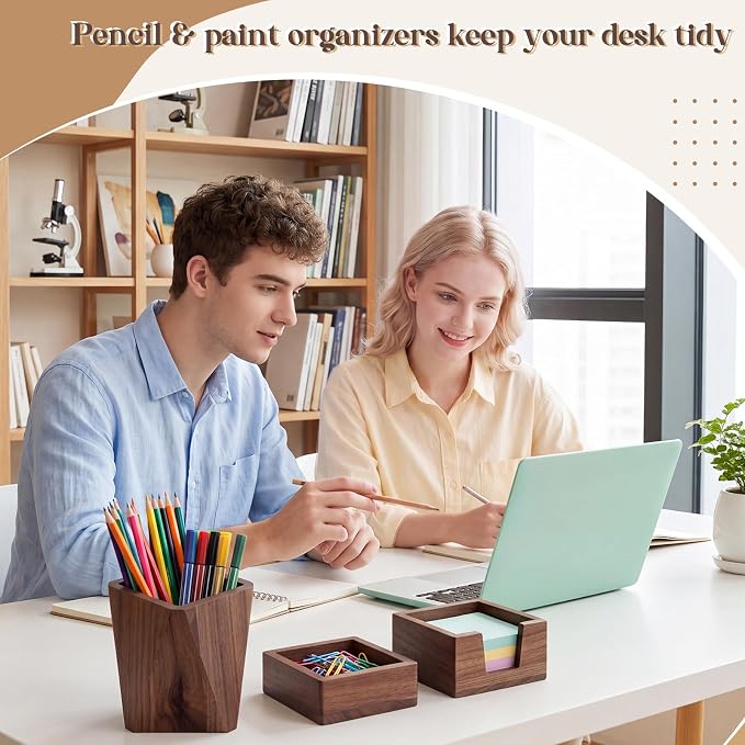 Novabright 3 Pcs Walnut Wooden Desk Organizer Set Office Desk Accessories | Desktop Writing Stationery Organizer, Wood Sticky Note Holder, Pencil Holder and Paperclip Storage for Craft Home Office