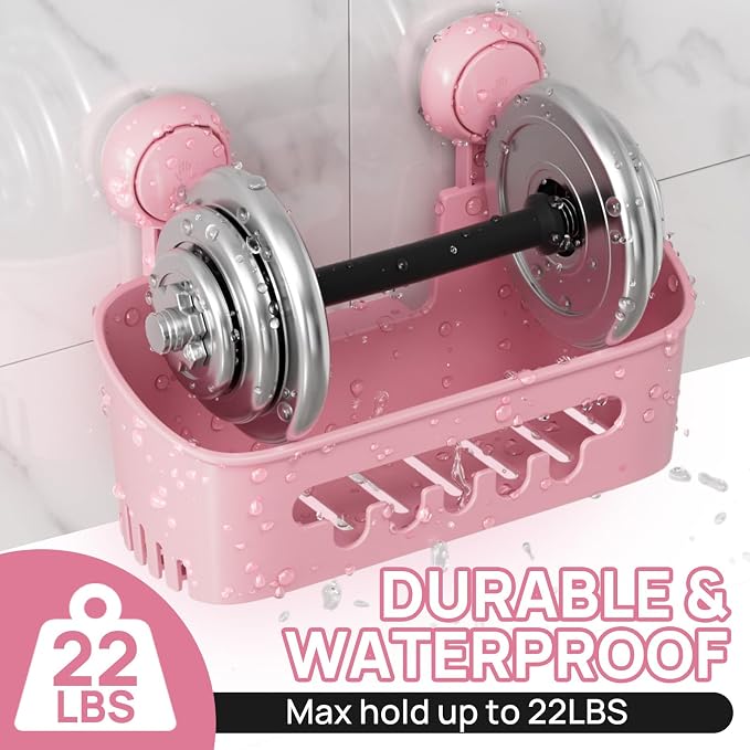 LEVERLOC Shower Caddy Suction Cup Set Shower Organizer & Soap Holder, Pink | Toothbrush Holder, Bathroom Shelf Basket NO-Drilling, Removable Suction Storage, Waterproof Bathroom Caddy