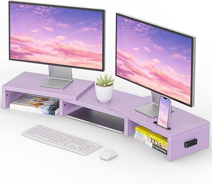 BONTEC Dual Monitor Stand Riser, Adjustable Length & Swivel Angle, Purple | Ergonomic Wooden Desktop Organizer with Smartphone Holder, Computer Monitor Stand for PC, Laptop, Printer and Large Storage