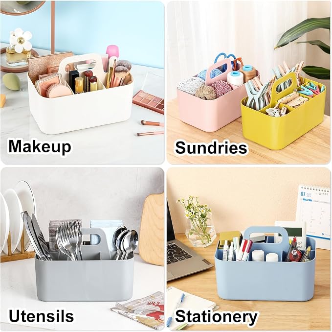 Multiuse Caddy Organizer with Handle, Portable Divided Plastic Tote Bin - Art Craft, Stationary Pen Marker Crayons, Makeup Hair Supplies Storage - Bathroom, Classroom, Dorm, Office, Desk Holder - Pink