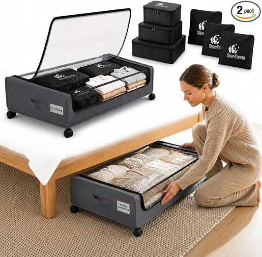 60L Under Bed Storage with Wheels, With 6 Travel Bags, 2-Pack, Dark Gray | Rolling Underbed Storage Containers, Clear Lids, Heavy Duty Steel Frame, Organizer for Clothes Shoes Comforters Blankets Toys