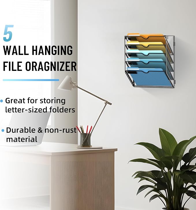 5-Tier Hanging Wall File Organizer with Hooks for Office Organization | Mesh Wall File Holder, Mail Organizer Wall Mounted for Papers, Documents, Folders and Magazines in Home Office, Classroom