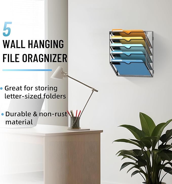 SUPEASY 5-Tier Hanging Wall File Organizer with Hooks, 2 Pack | Mesh Wall File Holder, Mail Organizer Wall Mounted for Papers, Documents, Folders and Magazines in Home Office, Classroom