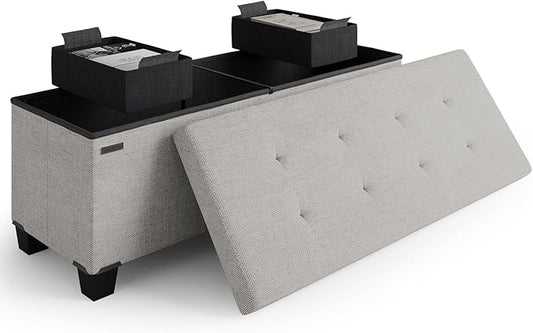 Storage Ottoman Bench with Bins, 43-in Storage Bench for Bedroom End of Bed, Folding Foot Rest Ottoman for Living Room Max 660lbs, Fabric Ottomans, Light Grey