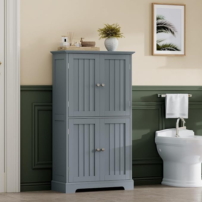 ChooChoo Bathroom Floor Cabinet with Adjustable Shelves | Bathroom Storage Cabinet, 4 Doors, Freestanding Cupboard for Living Room, Grey
