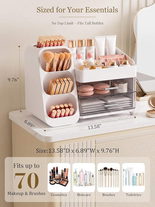 Booklov Large Makeup Organizer for Vanity Countertop, White | Clear Acrylic Cosmetic Display Case, Beauty Brush Holder for Bathroom Counter, Make Up Skincare Lipsticks Storage