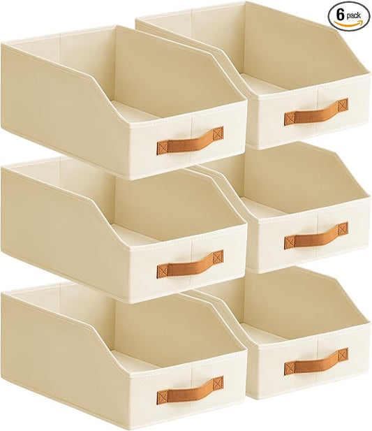 Fabric Storage Bins for Organizing - 6 Pack Large Trapezoid Collapsible Storage Bins with Front Handle, Closet Organizers and Storage for Bedroom, Home Shelves, Small Spaces, Beige