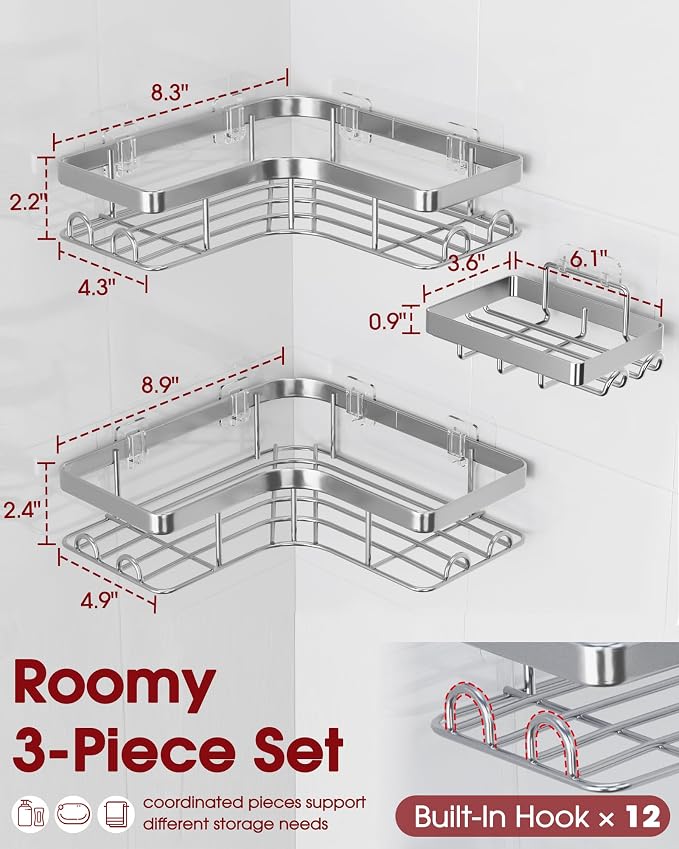 Sakugi Corner Shower Caddy - 3-Pack Shower Organizer with Soap Holder & Built-In Hooks, Rustproof Metal Shower Shelves, Laundry, Kitchen, Bathroom Organizers and Storage Solution, Large, Silver