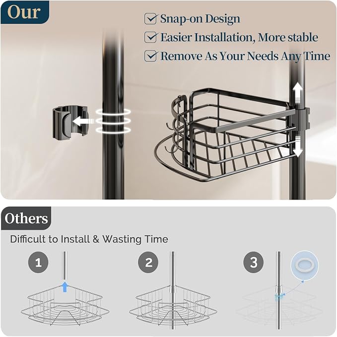 Consumest Corner Shower Caddy Tension Pole - Rustproof Shower Shelves with Towel Bar & Soap Holder, Adjustable Bath Organizer for Bathroom Storage, 27.6-108.3 inch, Black