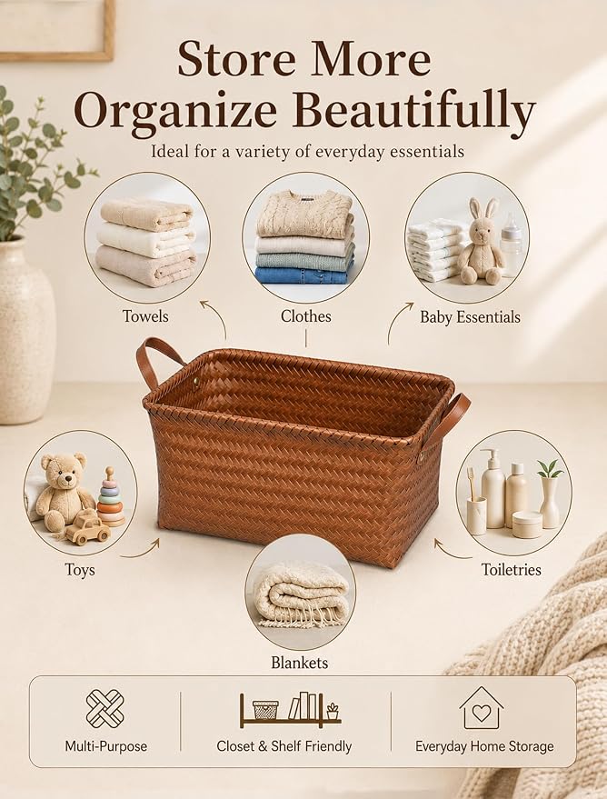 Wicker Storage Baskets, 4 Pack Woven Baskets for Shelves, Brown | PP Rattan, Water-resistant Wicker Basket, Large Baskets with Faux Leather Handles for Blanket, Laundry Organizer, Room Decor