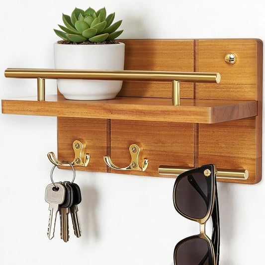 9.8” Solid Teak Wood Key Holder Wall Mount with Shelf and Hooks | Crafted from natural solid teak wood with unique grain patterns, bringing warmth and elegance to your entryway