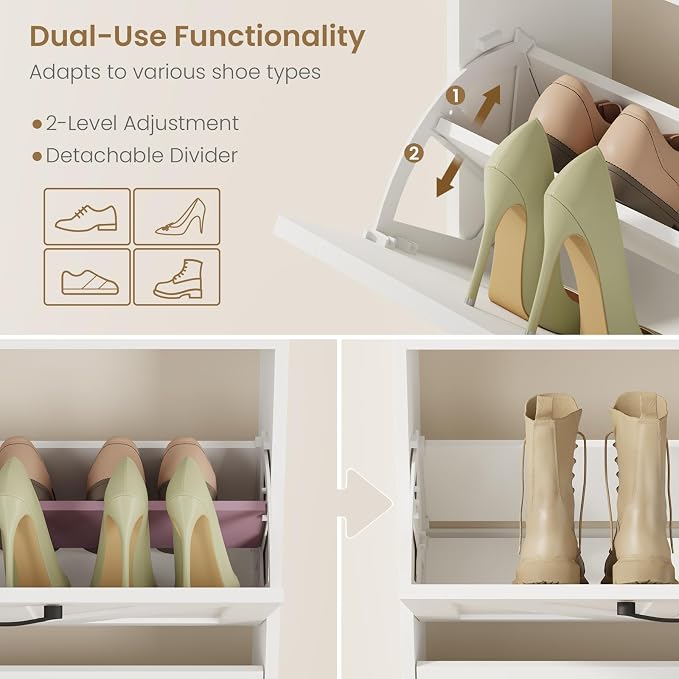 Farmhouse Narrow Shoe Cabinet with 2 Flip Drawers, 23.6" W White | Freestanding shoe storage cabinet for entryway,foyer and hallway,slim design width and space-saving flip drawers