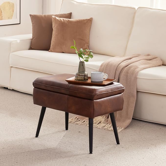 Square Storage Ottoman Upholstered Vanity Accent Stool Retro Brown | Square Mid-Century Modern Accent Dining Makeup Piano Stool with Padded Upholstered Seat & Metal Legs for Living Room Bathroom