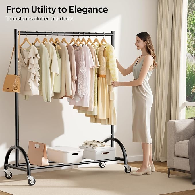 MISSLO Heavy Duty Clothing Rack with Wheels Rolling Clothes Racks for Hanging Clothes, Coats, Garment, Dress, Black