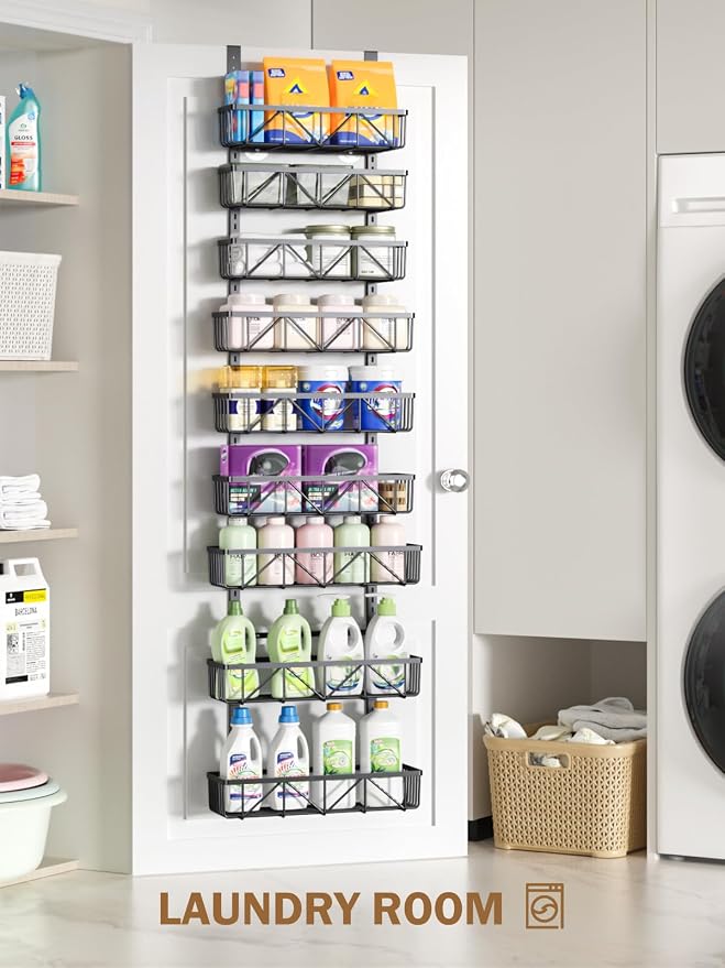 Delamu Adjustable Over the Door Pantry Organizer, 9-Tier Metal Pantry Organization and Storage for Kitchen, Hanging Spice Rack Seasoning Shelves, Cabinet Door Organizer for Easy Install, 16" Black