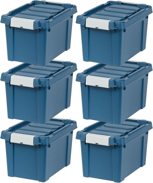 IRIS USA 6-Pack 5 Gal Heavy Duty Lockable Storage Totes with lids, Navy | Built for tools, hardware, emergency supplies and small equipment, Stackable design keeps spaces organized