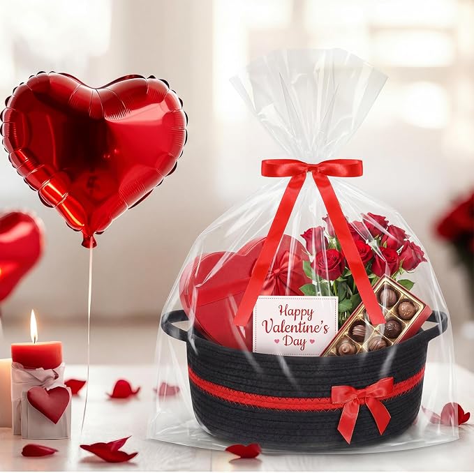 Colingmill 1 Set Woven Empty Basket for Gift,Black Red | with Cellophane Wrap Set, 14 x 10 x 5.5 Inch, Medium Decorative Gift Basket, Cotton Rope Storage Box, Home Decor