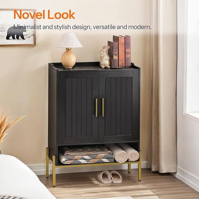 HOOBRO Shoe Cabinet, 5-Tier Shoe Storage Organizer with Doors, Wooden Shoe Cabinet Storage for Entryway, Freestanding Shoe Rack Cabinet with 3 Adjustable Shelves for Hallway, Gold and Black DB41SC01