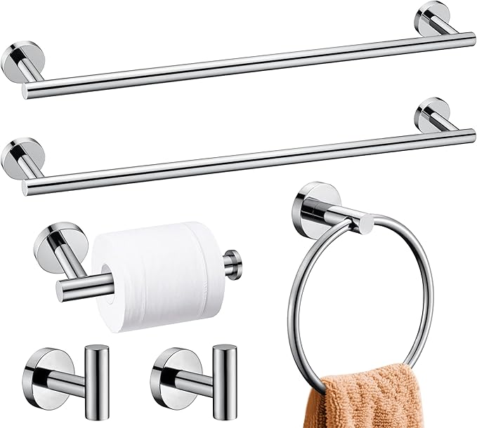 6 Pieces Polished Chrome Bathroom Hardware Accessories Set, SUS304 Stainless Steel 24 Inch Bath Towel Bar Set, Round Bathroom Towel Holder Set, Towel Racks for Bathroom Wall Mounted