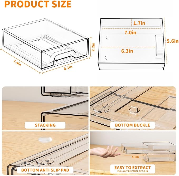 2.2'' Tall Small Clear Stackable Storage Drawers,6 Pack Stacking Acrylic Organizers Drawers for Hair Accessories,Makeup,Pen,Art Crafts,Office Supply Organizer and Desktop Plastic Mini Drawers