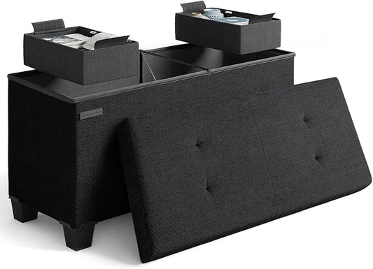 Storage Ottoman Bench with Bins, 30-in Storage Bench for Bedroom End of Bed, Folding Foot Rest Ottoman for Living Room Max 660lbs, Fabric Ottomans, Black