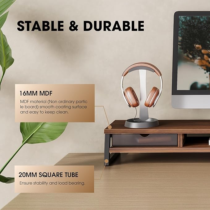 Fenge Dual Monitor Stand Riser, 42.5in Desk Shelf with 2 Drawers, Brown | 2-Tier Monitor Shelf for Desk, Storage Drawer with Stopper, Frosted, fit Home Office, Ultrawide Screen, PC, Laptop, TV